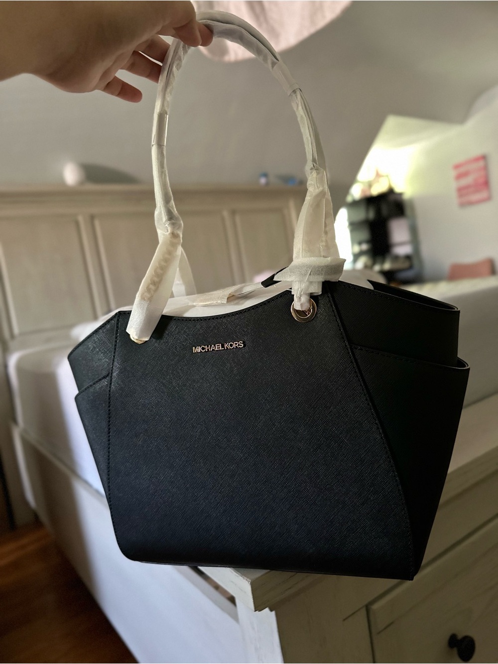 Michael Kors Black Saffiano Shoulder Tote with Gold Logo